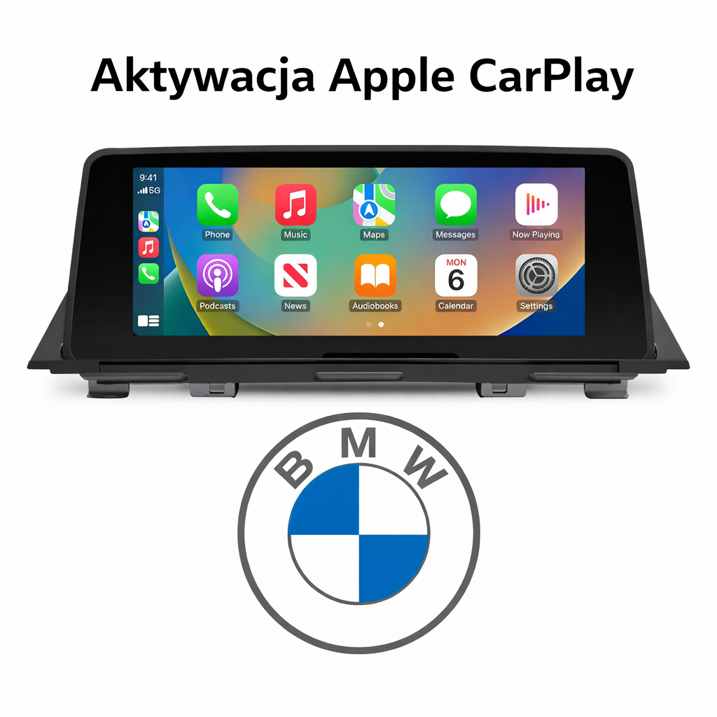 BMW iDrive screen with Apple CarPlay active in fullscreen mode on the NBT EVO system, BMW logo below